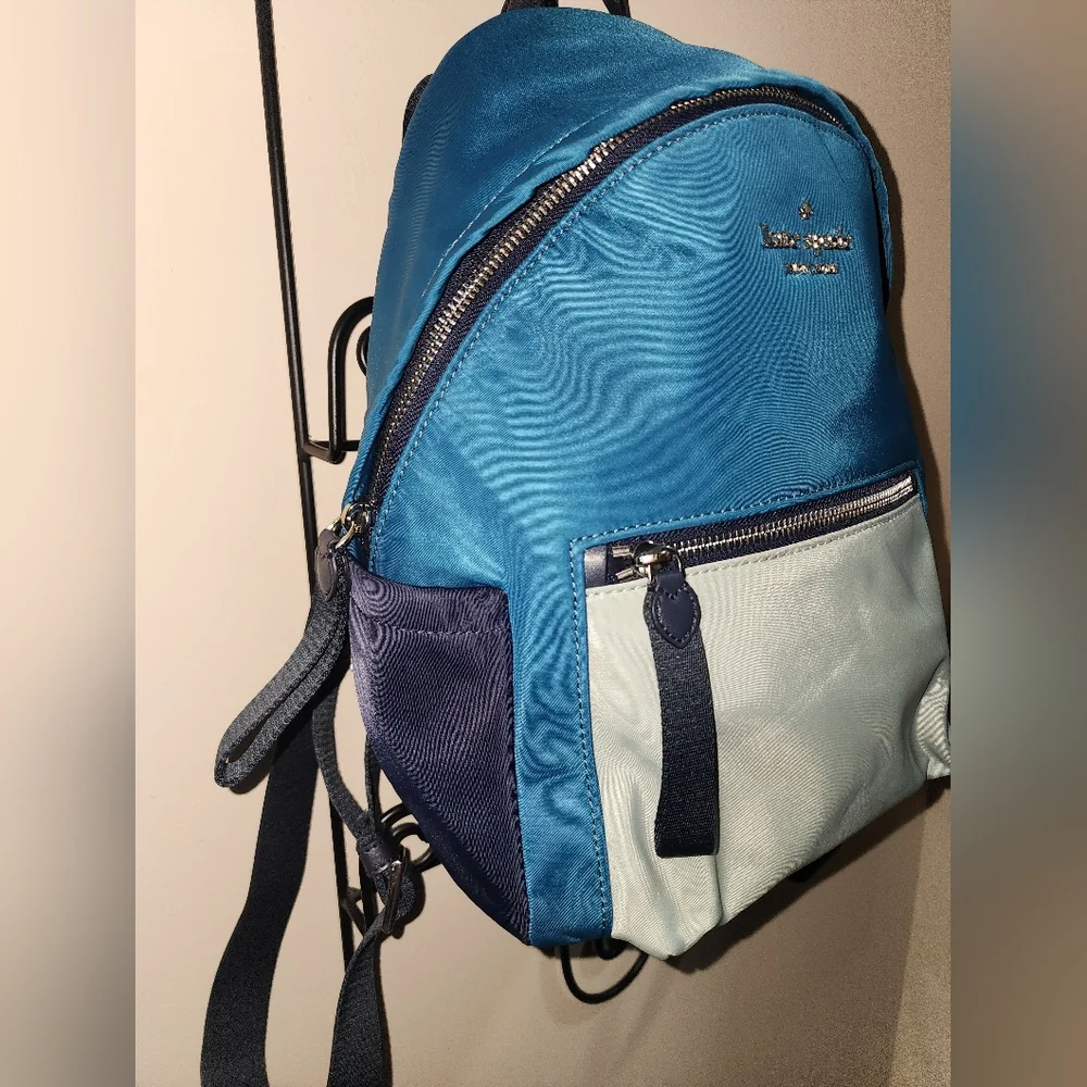 Kate Spade New York Blue Gray Leather Nylon Backpack Medium Pack Leather